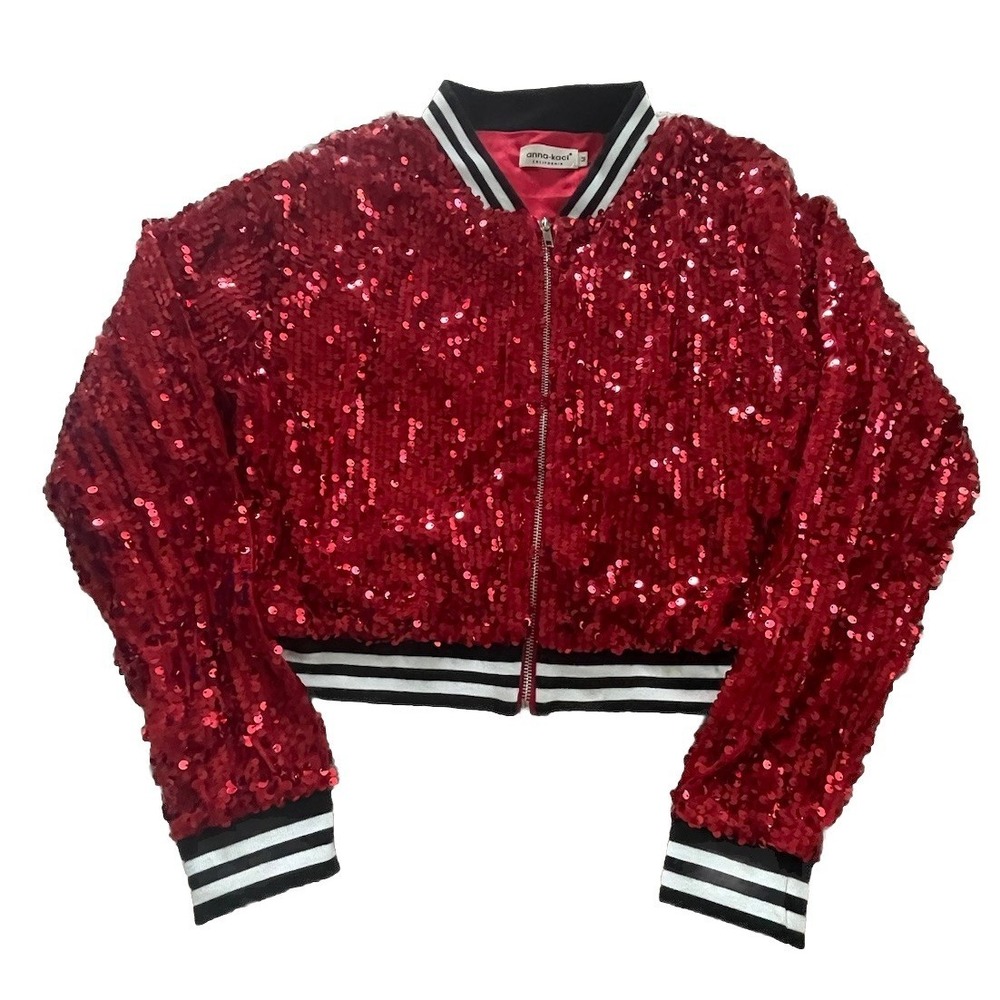 Anna-Kaci Red Sequin Zip Jacket Women's Size Medium Crop Sparkle And Shine